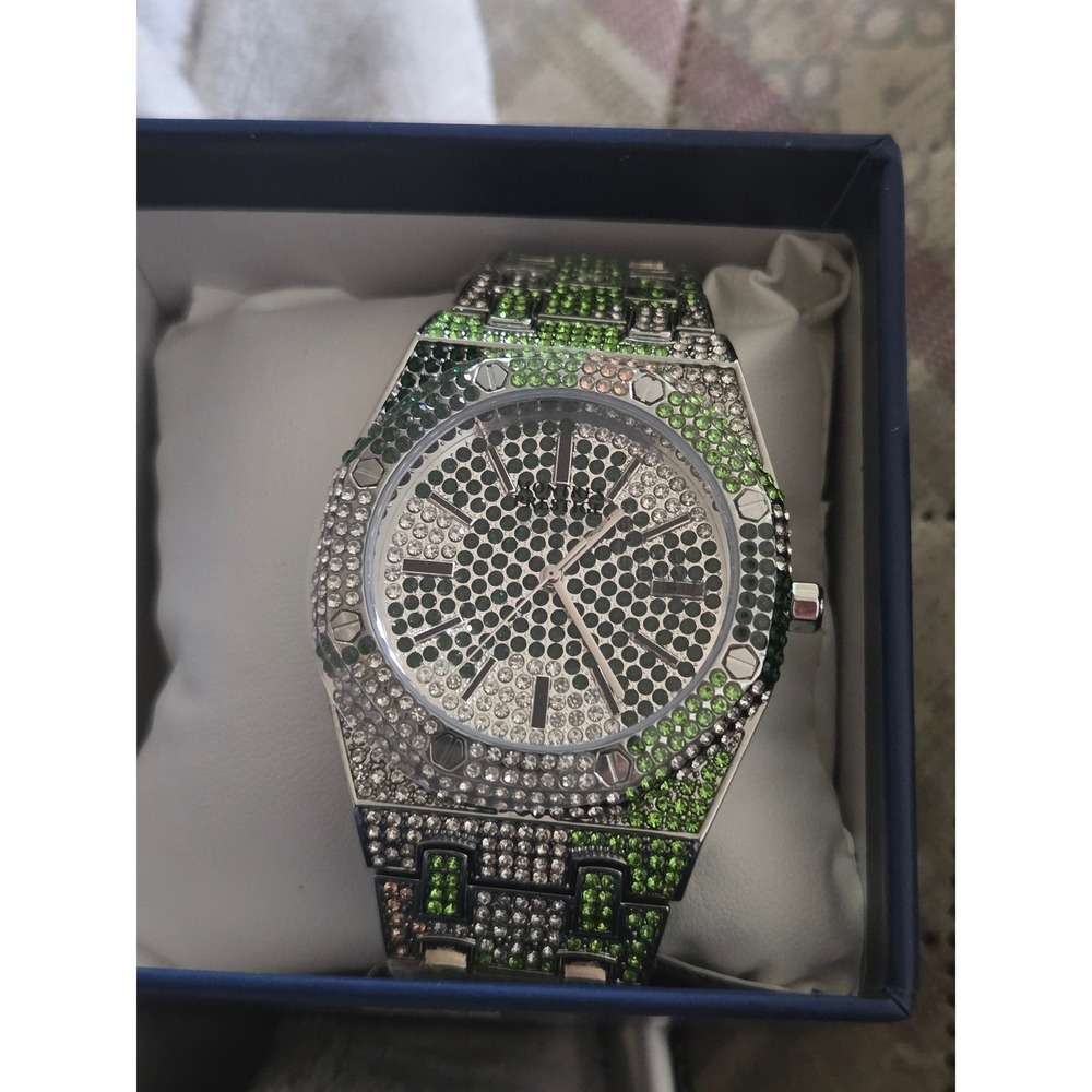 Montres Prestige MPW-0311 Iced Out Green Crystal Silver Tone Watch New Boxed